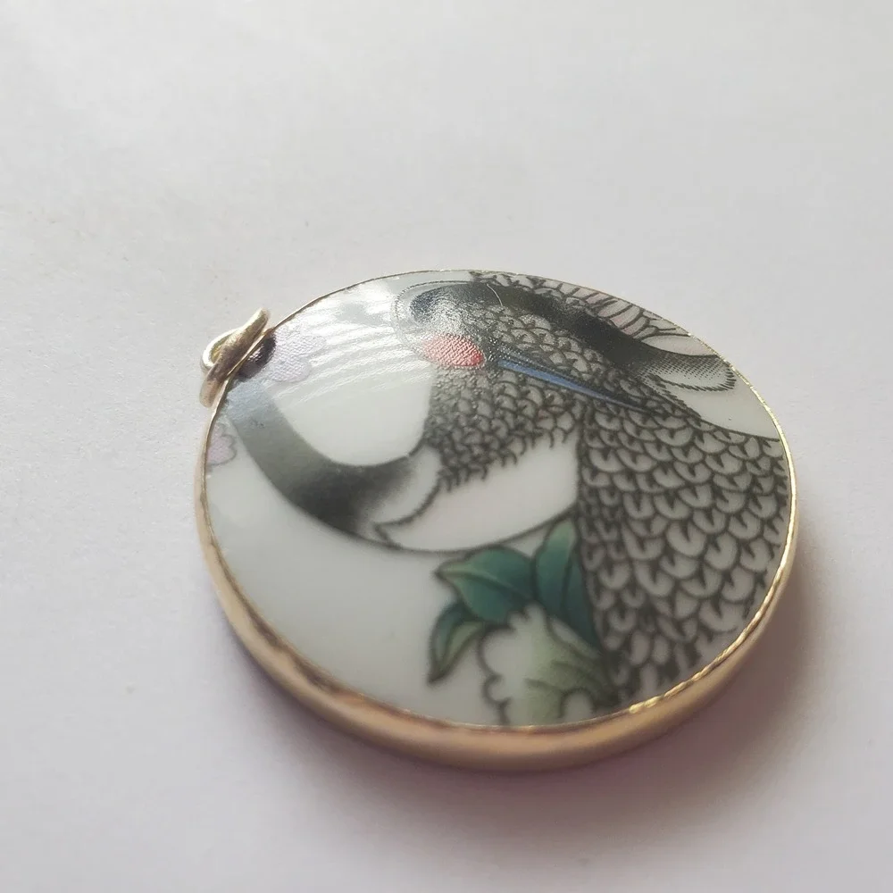 Red Crowned Japanese Crane Vintage Bird Transferware China Pottery Shard Pendant